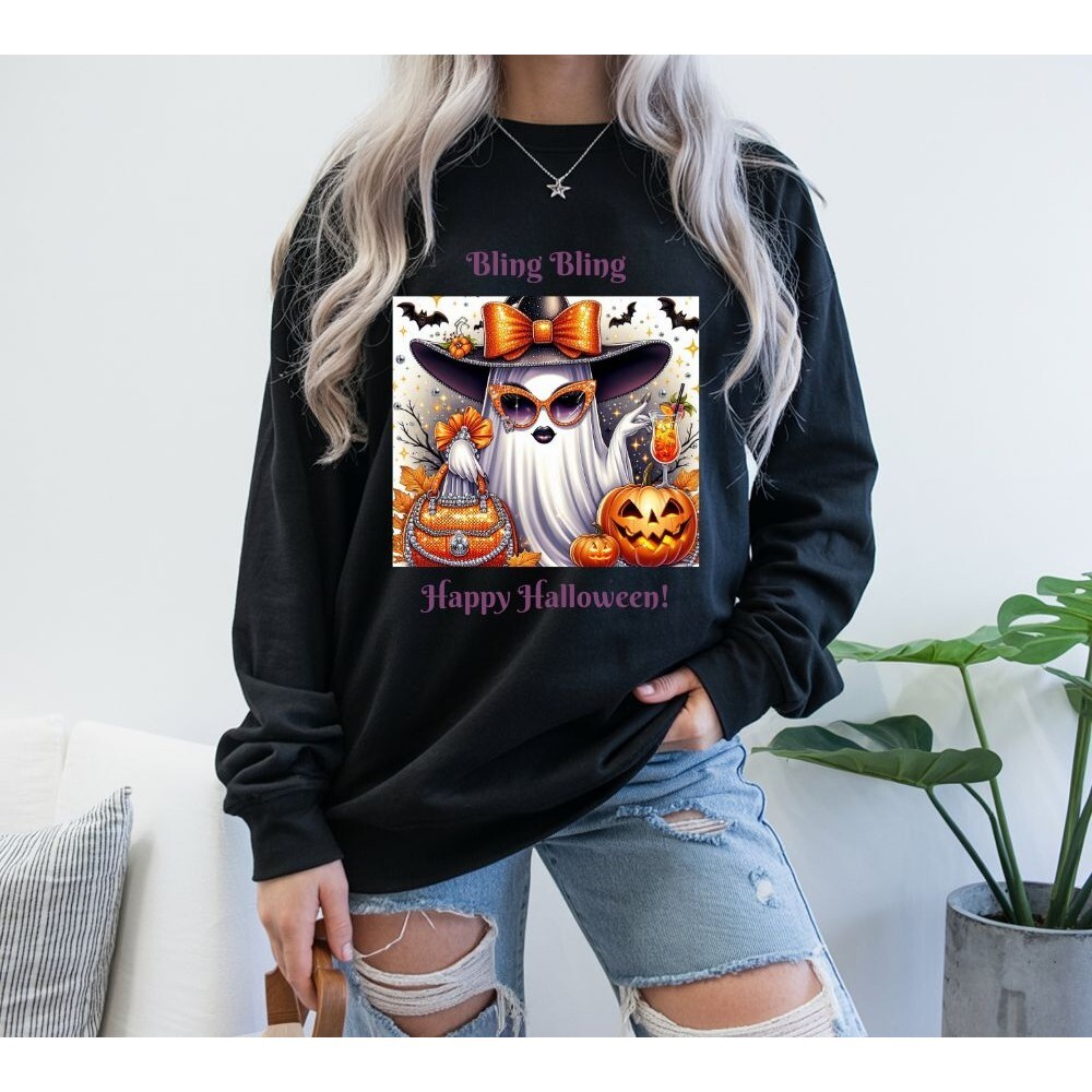 S-3XL Women's Halloween Bling Bling Glam Ghost T-Shirt Orange Black Grey Pink